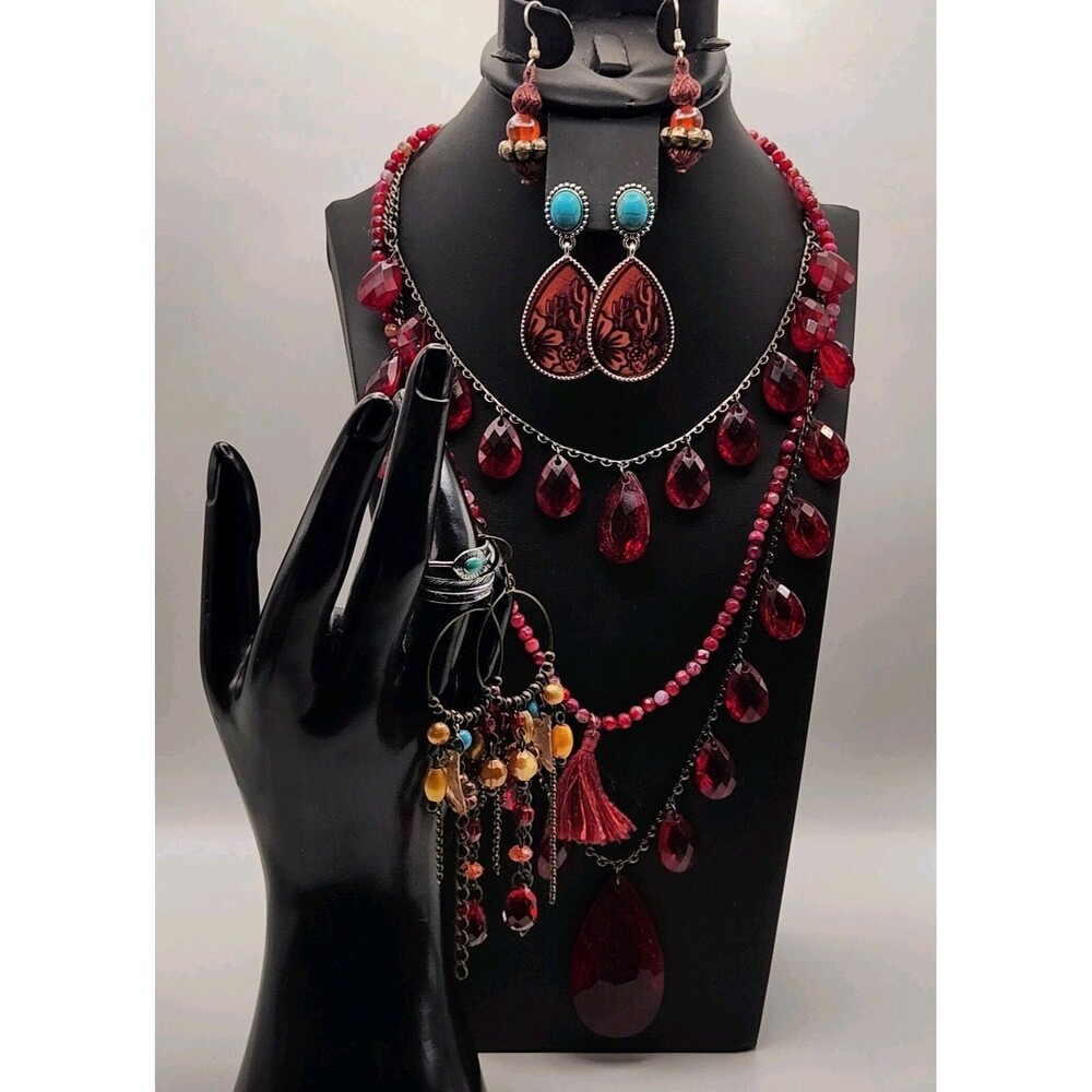 6 Vintage To Now Red Crystal Teardrop Statement Necklace Earring Jewelry Boho -G